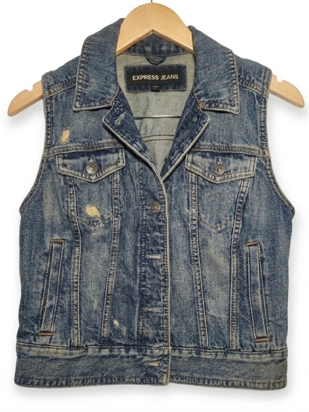Express Jeans Distressed Denim Vest - Medium Wash Vintage Style - Small